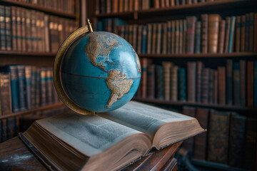 Globe Resting on a Book in a Library
