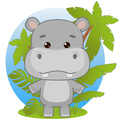 Cute baby hippopotamus in kawaii style stands under a palm tree and near the leaves
