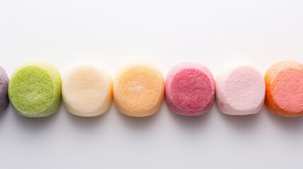 Obraz premium Japanese ice cream Mochi in rice dough. Traditional Japanese dessert on white background. Selective focus, copy space.