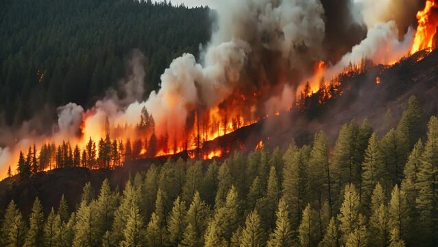 An illustration of an forest on fire, 4k video , fire in the wood, not real.