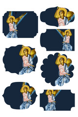 Deep blue religious gift tags with white angel in Byzantine style on white background