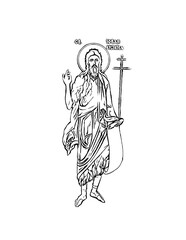 Saint John the Baptist. Coloring page in Byzantine style on white background