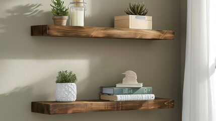 Sleek soft brown wood floating shelves.