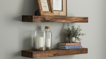 Sleek soft brown wood floating shelves.