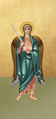Traditional orthodox icon of Archangel Uriel. Christian antique illustration on golden background in Byzantine style