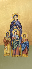 Traditional orthodox icon of The faith, the hope, the love and their mother Sophia. Christian antique illustration on golden background in Byzantine style