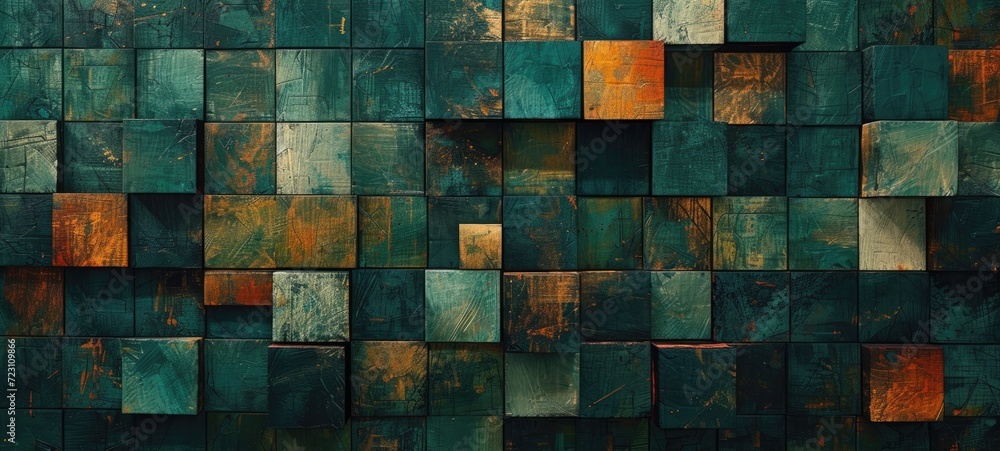 Aufkleber a background pattern composed of mosaic wooden squares, cubes, and blocks, creating a visually capti