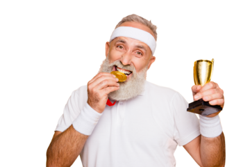 Active emotional cool grandpa holding reward, eating the metal sign of respect. Body, health, care, lifestyle, game, coach, challenge, champ, fit, hero, leisure, training, workout, strength, power