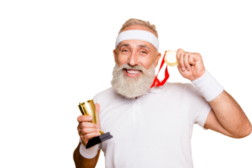 Close up portrait of crazy comic emotional cool grandpa holding precious reward. Body, health, care, lifestyle, game, challenge, champ, hero, leisure, training, workout, strength, power