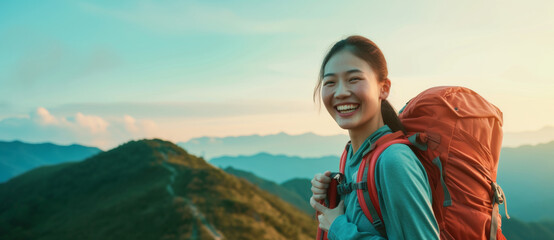 Joyous mountaineer with a vibrant backpack greets the dawn over rolling hills
