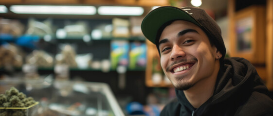A radiant young man with tattoos grins broadly in a well-lit cannabis dispensary - obrazy, fototapety, plakaty