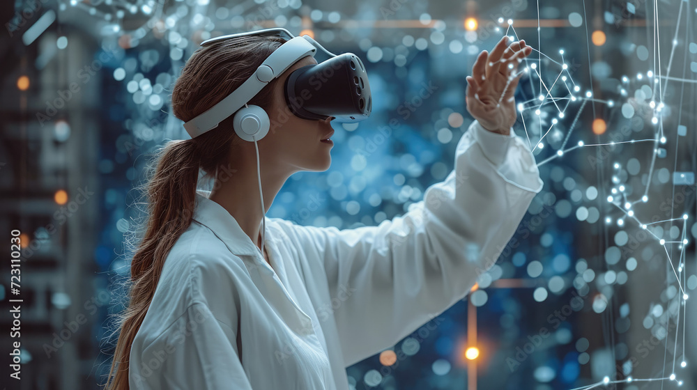 Aufkleber A scientist in a white lab coat wearing VR goggles headset controlling molecules in the air and exploring how they combine in a futuristic 3D hologram. Generative AI.