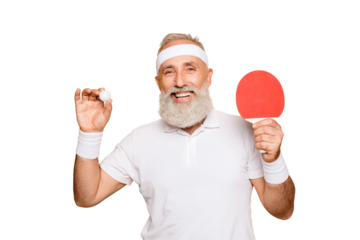 Competetive emotional cool active goofy comic grey haired grandpa with humor grimace and beaming grin, with table tennis equipment. Healthcare, weight loss, bodycare lifestyle
