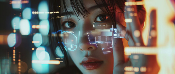 A futuristic vision of a woman with digital overlays, symbolizing the merge of humanity and technology