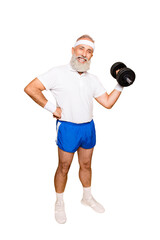 Fototapeta na wymiar Full length of cool crazy insane emotional active grandpa with win happiness grimace, exercising, training, holding equipment, lifts it up, wears sexy shorts, sneakers, so hot!