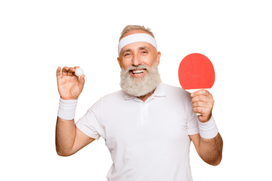 Competetive emotional cool active goofy comic grey haired grandpa with humor grimace and beaming grin, with table tennis equipment. Healthcare, weight loss, bodycare lifestyle