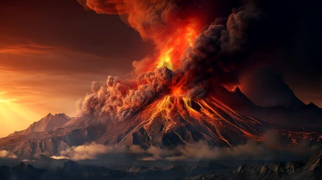 Volcano erupting scene, animated virtual repeating seamless 4k