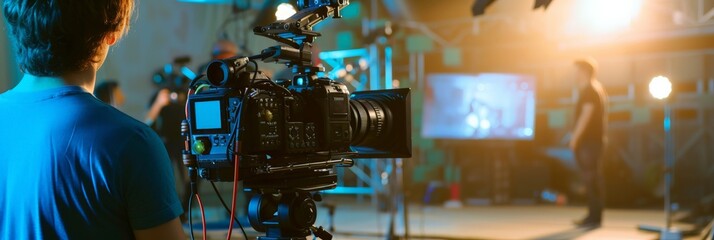 Fototapeta premium Recording video at studio. Camera records or filming for professional bloggers. Behind the scenes of filming video production. film crew on the set in film studio. Backstage video production recording