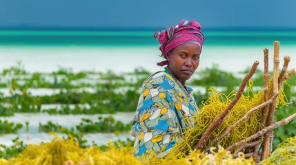 Poster Women harvest the seaweed for soap, cosmetics and medicin on a sea plantation in traditional dress, island Zanzibar, Tanzania, East Africa © STORYTELLER