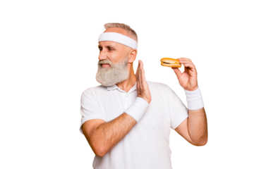 No way! Enough! Serious strict harsh cool athlete holds sandwich, warning with arm, challenge, figure, ban, veto, hunger, interdiction, restrain, refusal, junk food, cheat meal, denial, motivation
