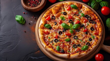 Fototapeta na wymiar Classic Tomato Basil Pizza with Olives - Delicious Homemade Recipe