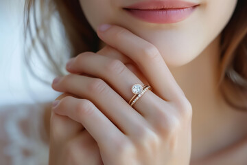 Closeup on the woman wearing a minimal gold and diamond ring