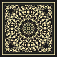 Openwork contour ornament. Design to create a bandana, scarf, card, wall decoration or other project. White on black. Vector illustration