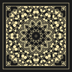Openwork contour ornament. Design to create a bandana, scarf, card, wall decoration or other project. White on black. Version No. 2. Vector illustration