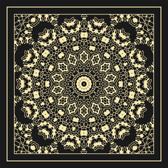 Openwork contour ornament. Design to create a bandana, scarf, card, wall decoration or other project. White on black. Version No. 4. Vector illustration