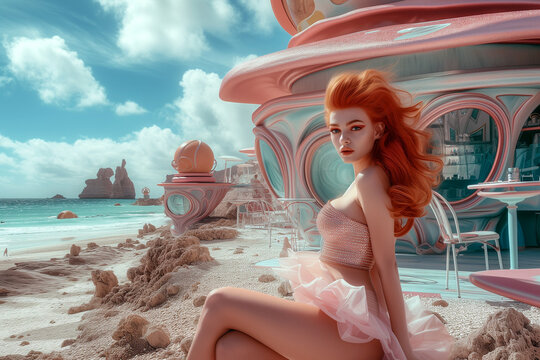 Extraterrestrial beach. An alien woman with red hair and an amazing figure is relaxing on a beach with a cafe.
