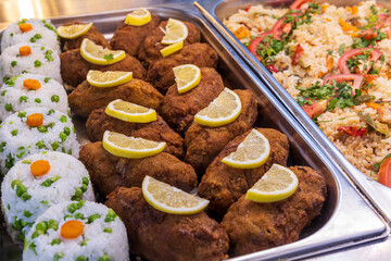 Take-out food in showcase window. Food for home.