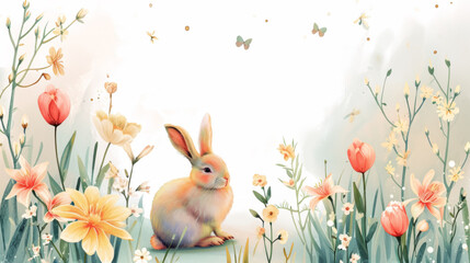 A rabbit sitting in a field of flowers next to a calendar