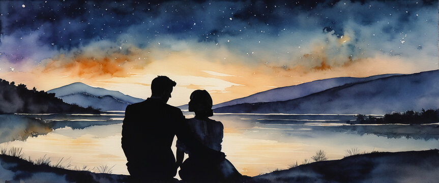 Silhouettes of a man and a woman looking at each other affectionately. Beautiful night sky and river scenery. Illustration in watercolor style.