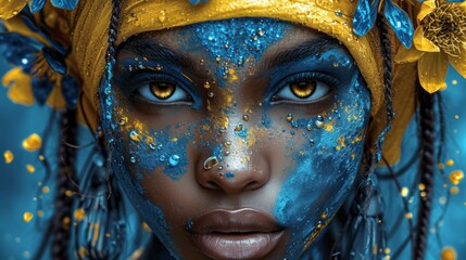 A close up of a woman with blue and gold paint on her face