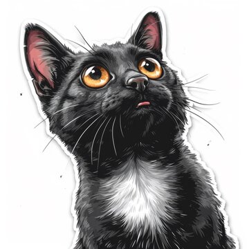 A drawing of a black cat with orange eyes