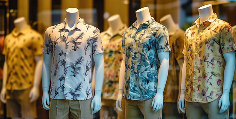 A mannequins wearing printed t-shirts for men and khaki shorts for men, in different colors for men, different designs for men. Generative AI.