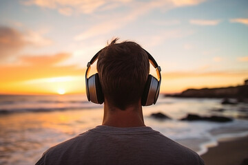 Generative ai rear view photo picture of happy young person looking sea and listening to music outdoors - Powered by Adobe