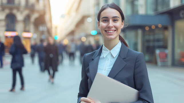 Woman in suit searching for job standing near office centre, waiting for a job offer, waiting for an interview, holding resumes, Jobless people, Global unemployment employment and recruitment concept
