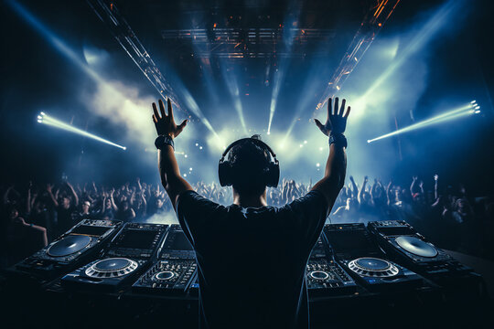 Dj person girl guy on stage turning on best music beat headphones turntable equipment Generative AI