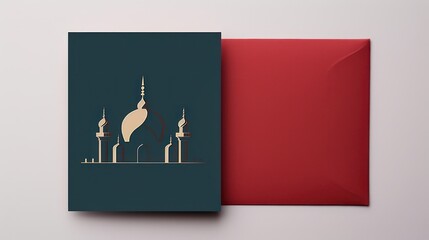 Greeting card mockup template, Islamic mosque ornament decoration, red paper copy space template.