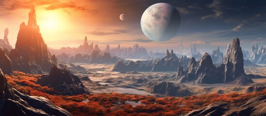 Red Mars planet with arid landscape, rocky hills, mountains and a giant moon at the horizon. - obrazy, fototapety, plakaty