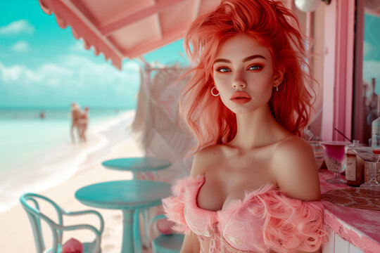 romantic beach caffee ,romantic pink hair woman relaxing