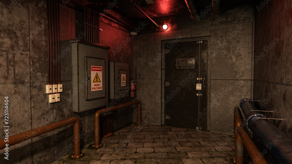 Poster doorway in a dark grungy basement corridor in an industrial building. 3d rendering.