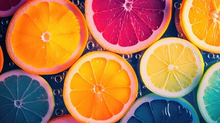 Fresh Fruits slice with water Splash Falling, background, illustration. Orange, lemon juicy citrus mix slice pattern. Grocery product package, advert - obrazy, fototapety, plakaty