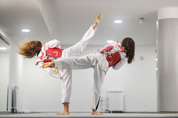 Taekwondo athletes in doboks practicing combat and attack at martial art school.