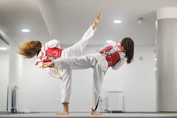 Tuinposter Taekwondo athletes in doboks practicing combat and attack at martial art school. © dusanpetkovic1