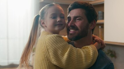Loving 10s daughter spend weekend with caring daddy custody love people at home kitchen touch noses fooling enjoy priceless carefree time together father with kid child girl hugging happy family bond