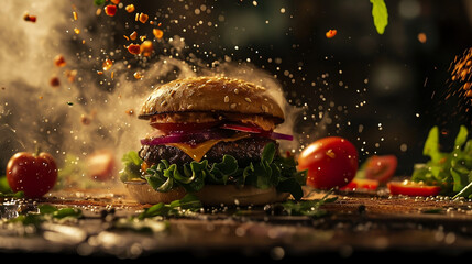 High-Speed Action Shot of a Burger on a Table Being Assembled with Ingredients Flying into Place