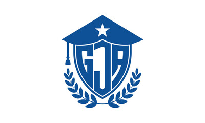 GJA three letter iconic academic logo design vector template. monogram, abstract, school, college, university, graduation cap symbol logo, shield, model, institute, educational, coaching canter, tech