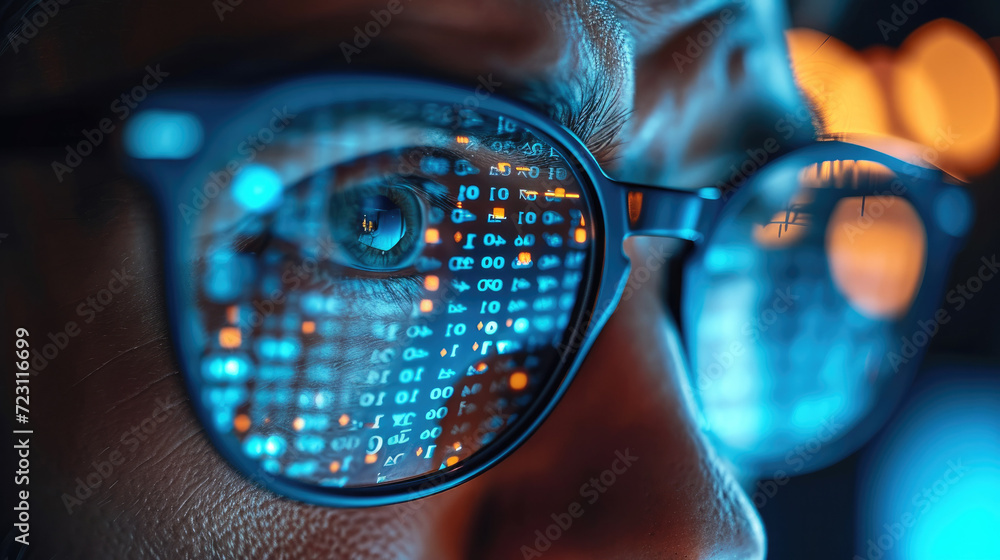 Aufkleber Man spectacles, A developer coder looking at programming code data cyber security digital tech reflecting in spectacles developing software program. Generative AI.